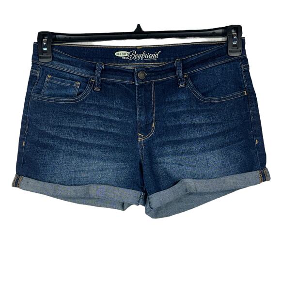 Old Navy Pants - Old Navy SZ 8 Boyfriend Jean Shorts Cuffed Mid-Rise Zip-Fly Whiskered Dark Wash